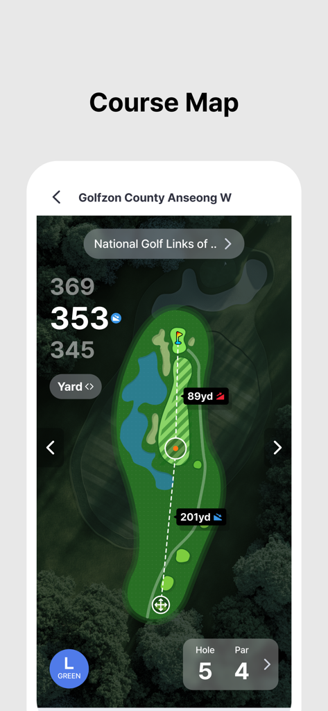 SmartCaddie - Golf GPS - SmartCaddie app displaying a detailed golf course hole map with yardage and shot distances