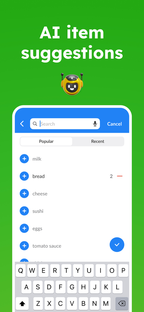 Listonic mobile app screen showing AI suggestions for common grocery items like milk and bread