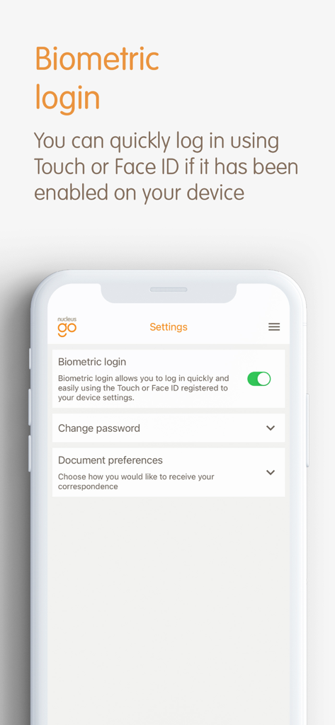 Nucleus Go - Pantalla de configuración de la aplicación Nucleus Go que muestra el interruptor de inicio de sesión biométrico para Face ID y Touch ID