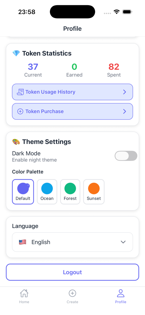 Neyse - Neyse app profile screen displaying token statistics and theme customization options