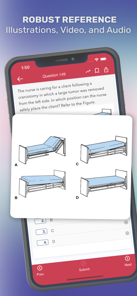 Écran de l'application mobile montrant une question pratique NCLEX-PN avec une illustration de différentes positions de lit d'hôpital