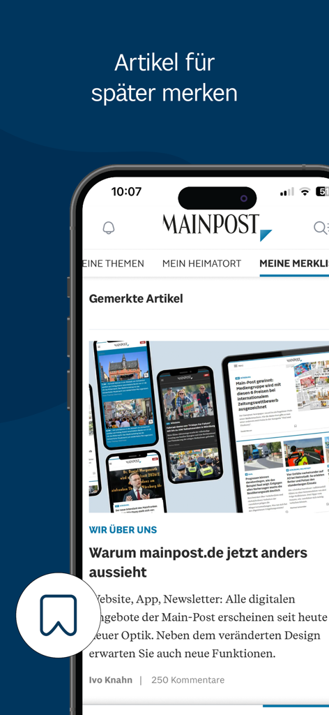 Captura de pantalla de la aplicación Main-Post News que muestra la función de marcador para guardar artículos para más tarde