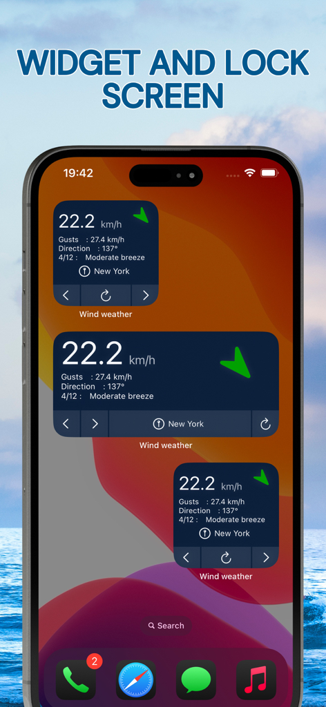 Tela inicial do iPhone com três widgets de clima de vento mostrando velocidade e direção do vento em Nova York