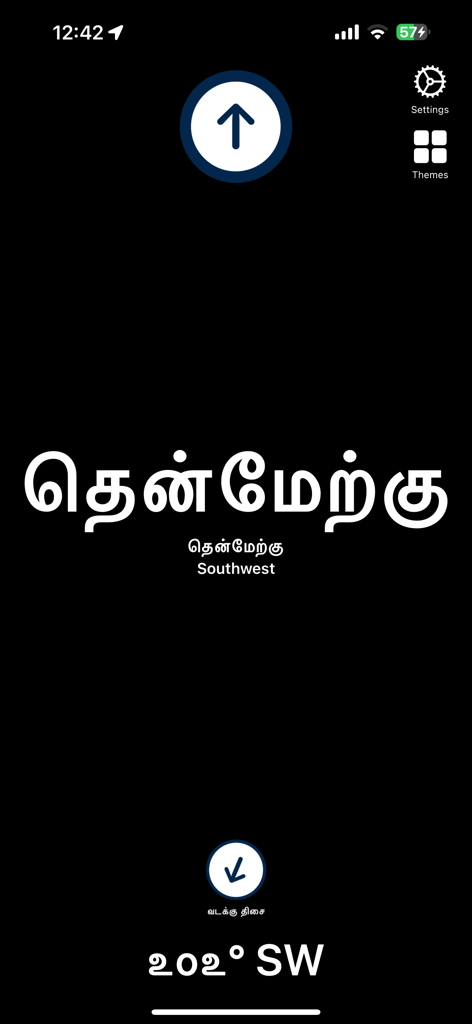Tamil Directions Compass interface showing Southwest in Tamil script on a dark background
