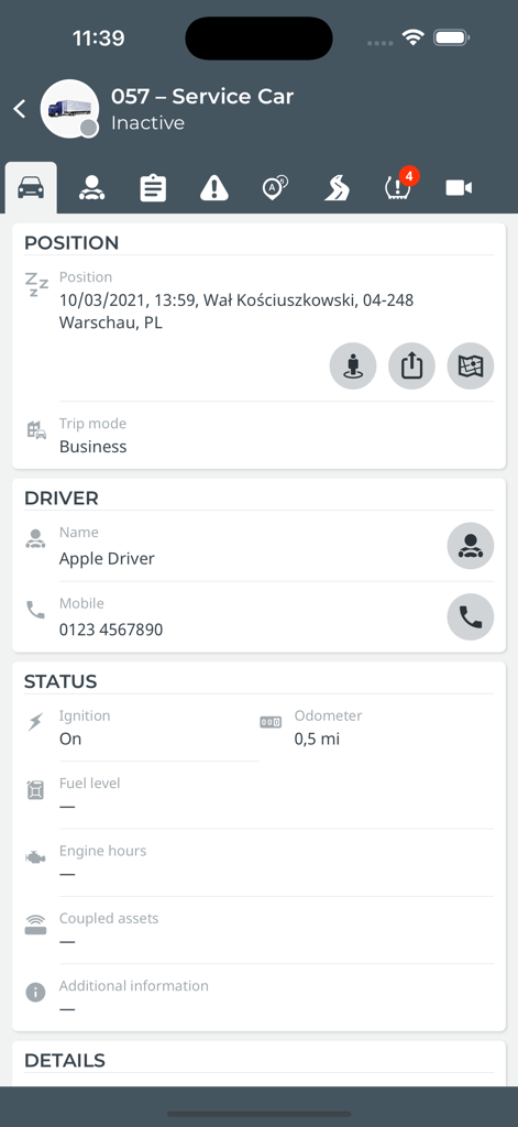Webfleet Mobile - Screenshot of Webfleet Mobile app showing vehicle position, driver contact information, and real-time status details.