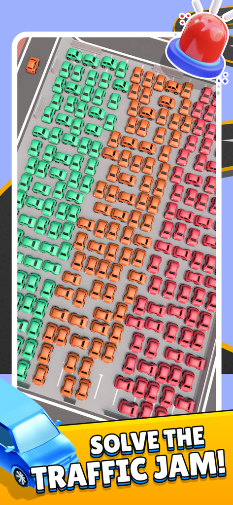 Vista superior de una pantalla de juego de puzle de aparcamiento 3D abarrotada con coches verdes, naranjas y rojos