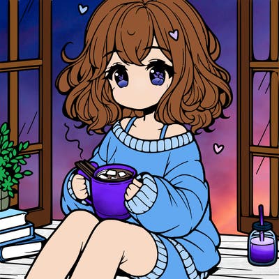 cute anime girl reading book and drinking hot chocolate from mug with loose wavy hair wearing a baggy sweatshirt and shorts sitting by windowsill looking out