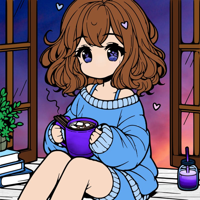 cute anime girl reading book and drinking hot chocolate from mug with loose wavy hair wearing a baggy sweatshirt and shorts sitting by windowsill looking out