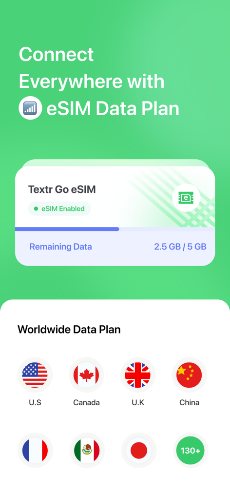 Textr Go: Personal Text & Call - Interface do aplicativo Textr Go exibindo opções de plano de dados eSIM globais e rastreamento de uso para mais de 130 países.