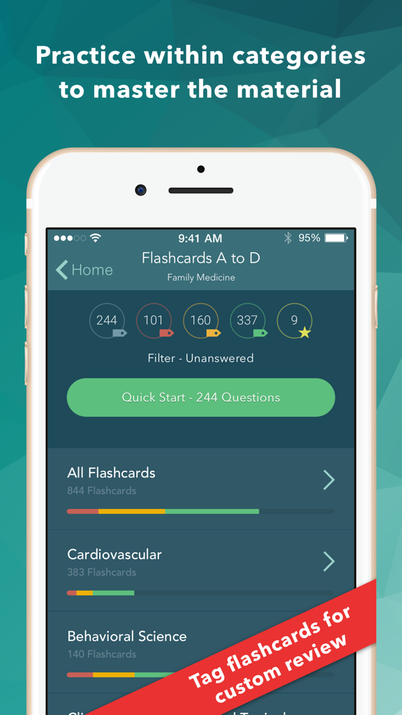 Interface of a medical study app showing flashcard categories and practice options.