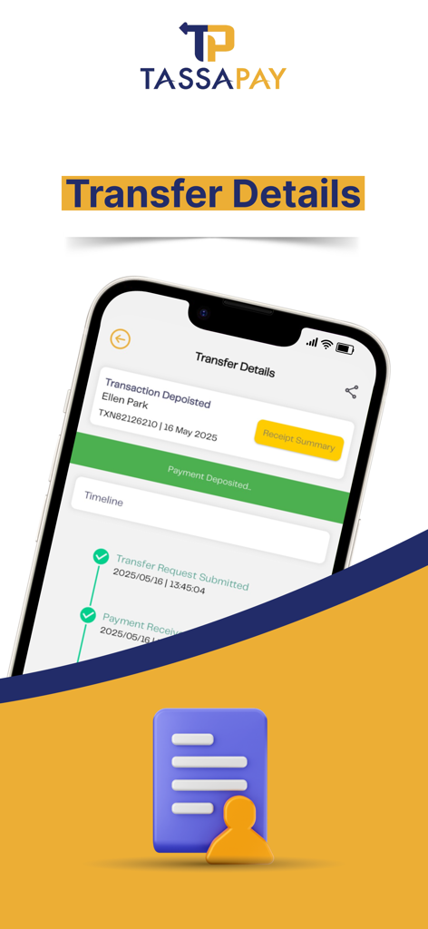 Tassapay - Tassapay app interface displaying transfer details and transaction status timeline