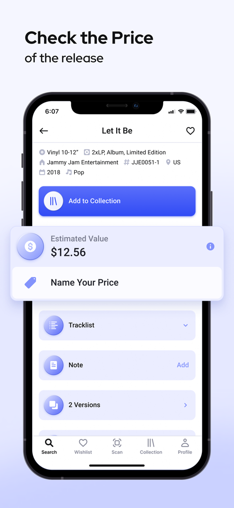 Record Scanner - Vinyl & CD - A mobile app displaying the estimated market value of a vinyl record