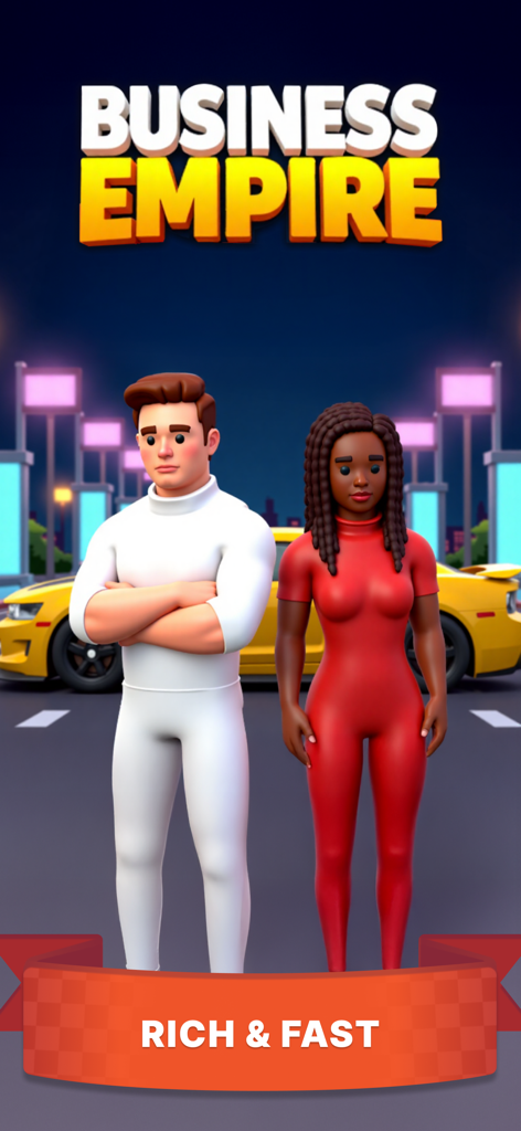 Deux personnages en combinaison debout devant une voiture de sport jaune dans le jeu mobile Business Empire Rich and Fast