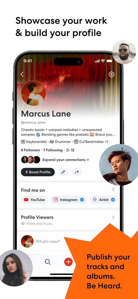 BandLab mobile app screen showing a music creator profile with social media links and followers