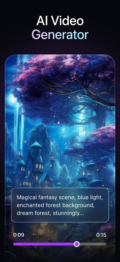 AI Art : Photo Video Generator - Interfaz del Generador de Vídeos de IA mostrando una escena mágica de bosque de fantasía creada a partir de indicaciones de texto