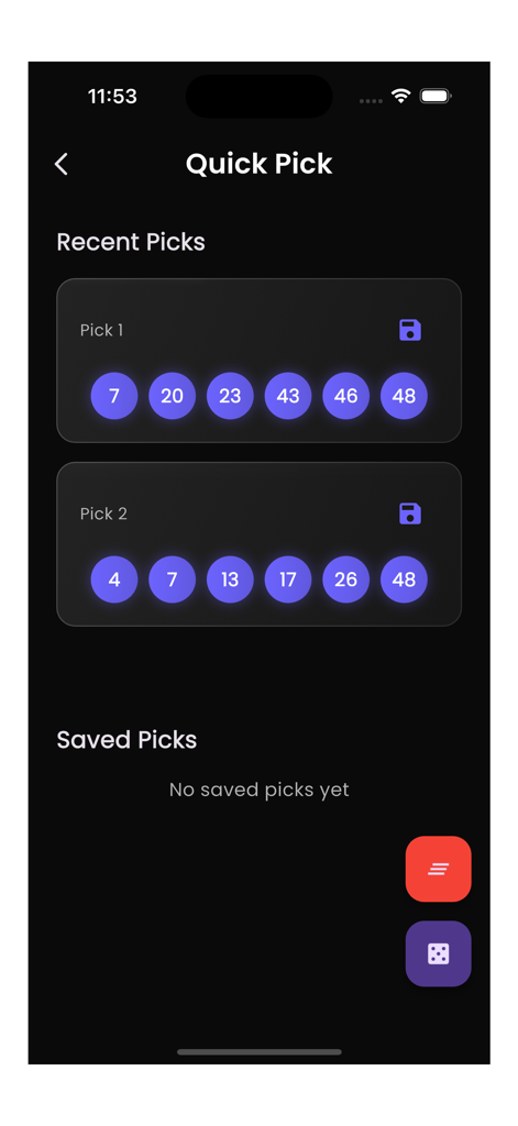 Lotto Result - Pantalla de selección rápida en la aplicación Lotto Result que muestra conjuntos generados de números de lotería en una interfaz de modo oscuro.