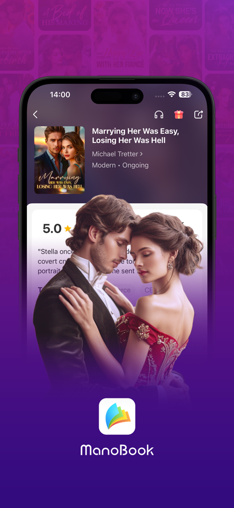 Manobook: My Good Story Reader - Interfaz de la aplicación Manobook que muestra una novela romántica moderna titulada Marrying Her Was Easy Losing Her Was Hell