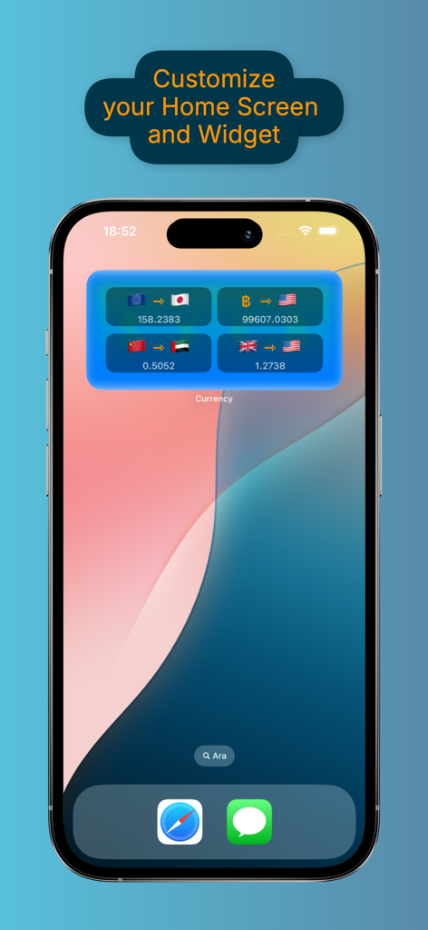Uma tela inicial de iPhone apresentando um widget de moeda personalizável com taxas de câmbio ao vivo para moedas internacionais e Bitcoin