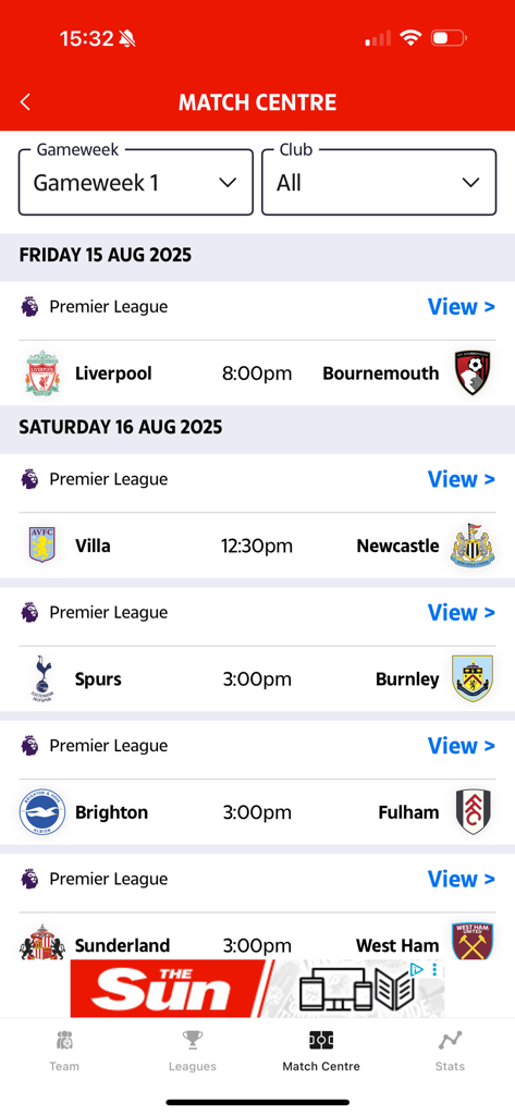 The Sun Dream Team - Match Centre screen within The Sun Dream Team app displaying upcoming Premier League fixtures and match times