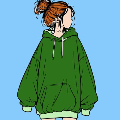 realistic girl with a oversized sweatshirt on and a bun