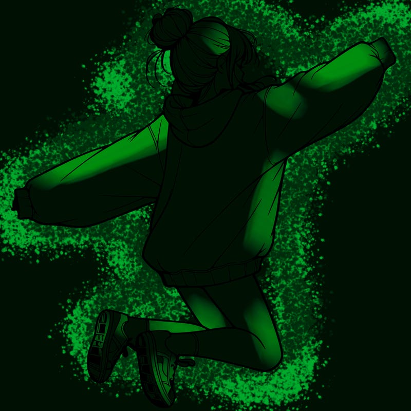 realistic girl jumping with a bun and oversized sweatshirt