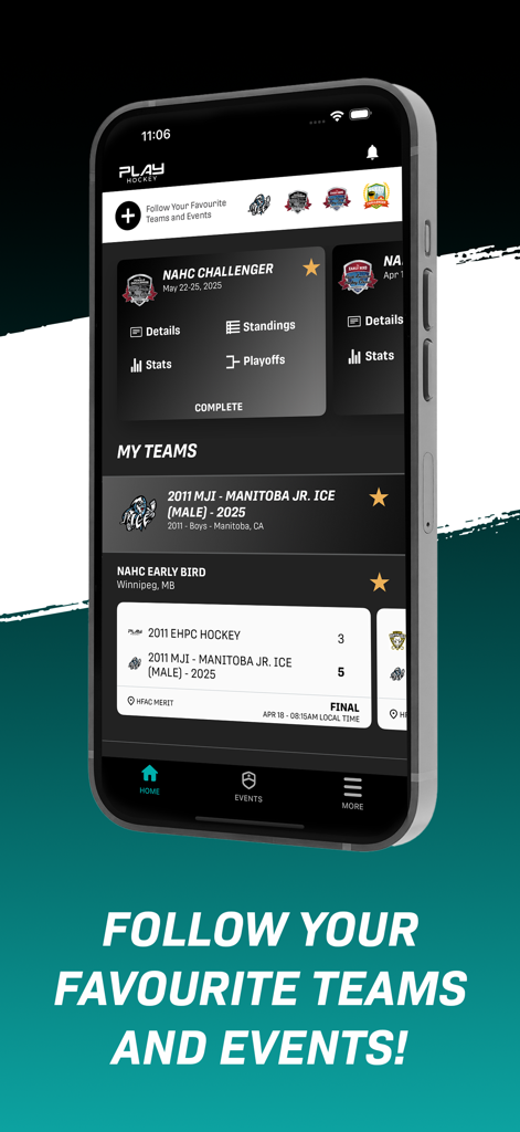 Play Hockey - Play Hockey mobile app home screen showing the dashboard to follow favorite teams, tournament standings, and game scores.