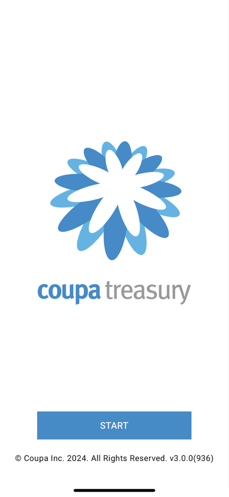 Coupa Treasury - Coupa Treasury mobile app splash screen featuring the company logo and a start button