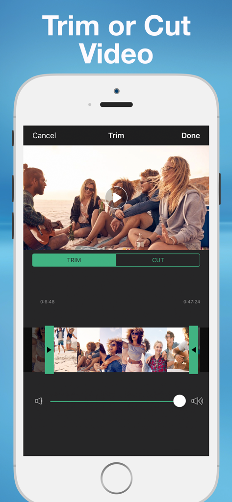 Add Music to Video, Maker - Smartphone screen showing the trim and cut video tools in the Add Music to Video app