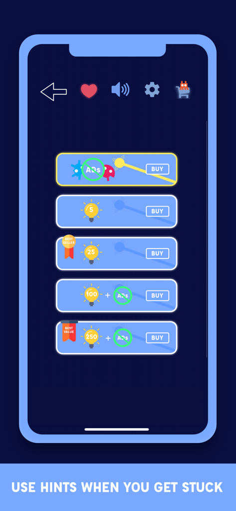 Mazes & More: Classic Maze - In-game shop showing hint packs and ad removal options for the maze puzzle game.