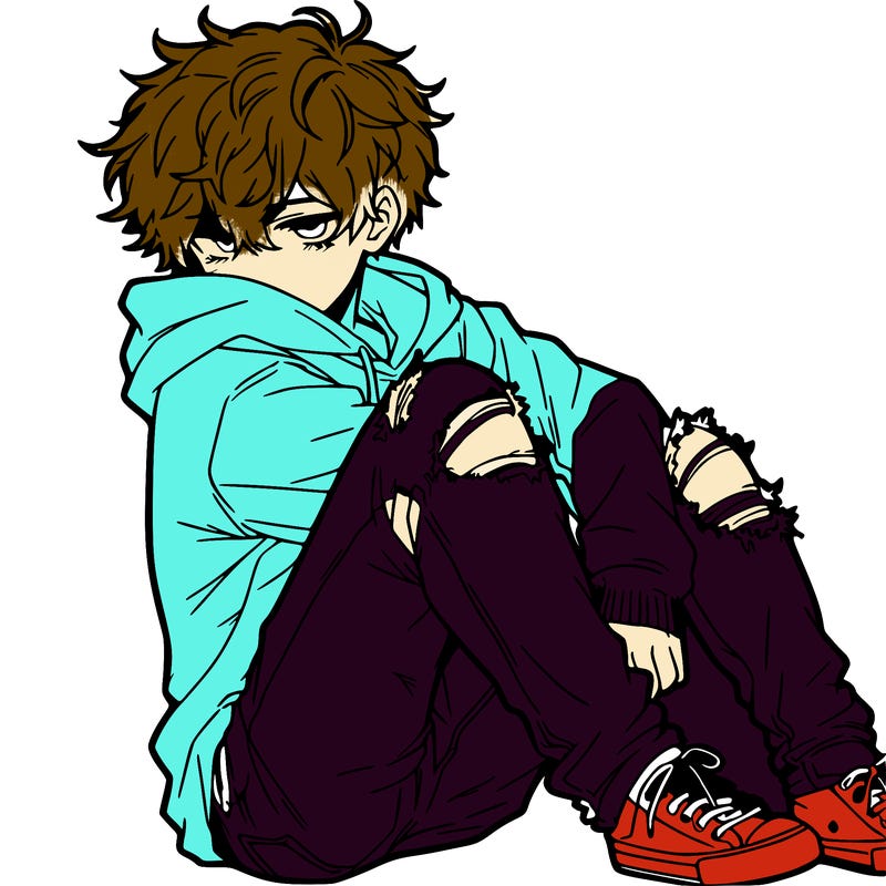 a male hoddie ripped jeans messy hair anime