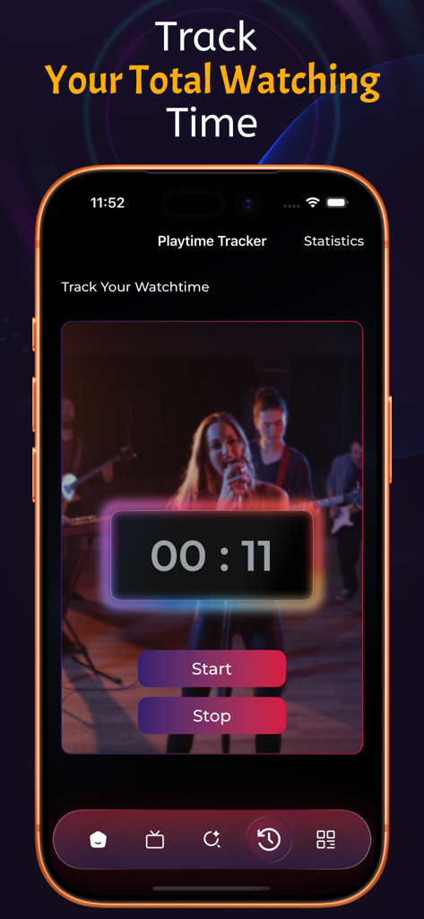 OnStream : TV shows & Movies - A smartphone screen displaying the OnStream app Playtime Tracker with a digital timer and start button.