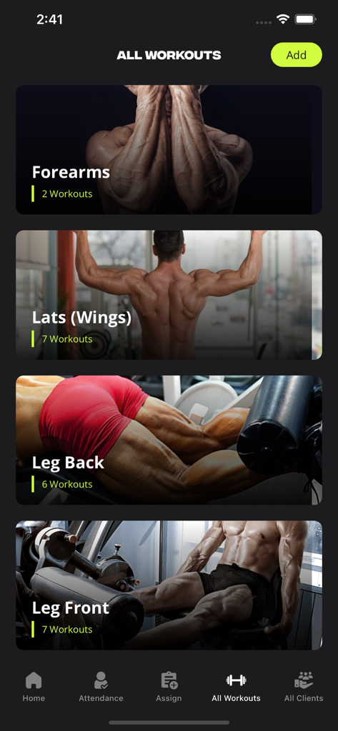 stamm.fit: For Gyms & Clients - La pantalla de la biblioteca de ejercicios en la aplicación stamm.fit que muestra categorías como antebrazos, dorsales y piernas para miembros del gimnasio y entrenadores