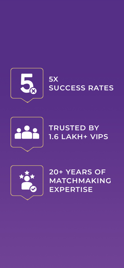 VIPShaadi app infographic highlighting 5x success rates, trust from over 1.6 lakh VIPs, and 20 years of matchmaking expertise