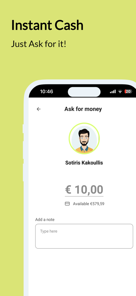 Joey: Teen Banking - Interfaccia dell'app di banking per adolescenti Joey che mostra la schermata Chiedi soldi con una richiesta di 10 euro
