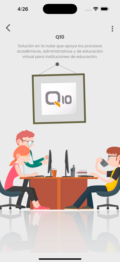 Pantalla de introducción de la app Q10 con una ilustración de estudiantes estudiando en un escritorio y una descripción de la plataforma de gestión académica