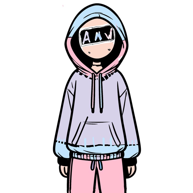 faceless girl in a tracksuit with a hood on and no hair