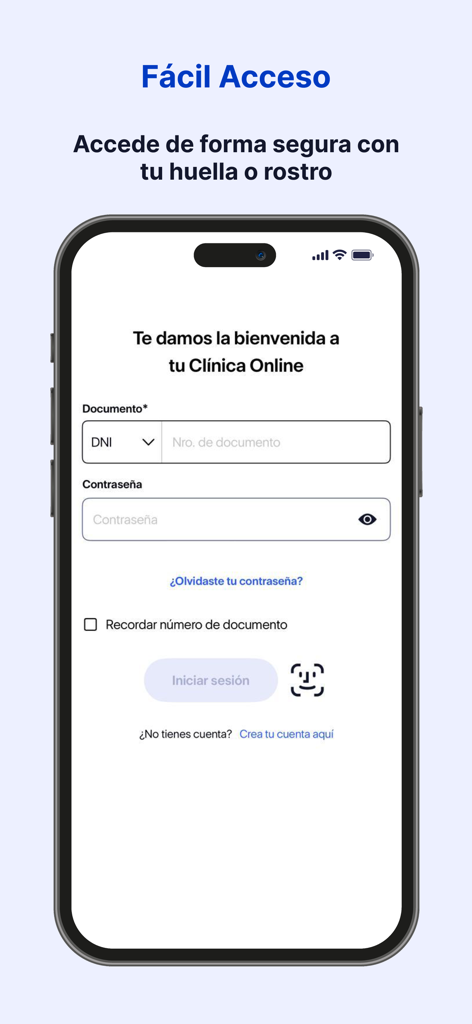 Clinica Internacional - Tela de login segura para o aplicativo Clínica Internacional com campos de entrada de documento e senha com acesso biométrico