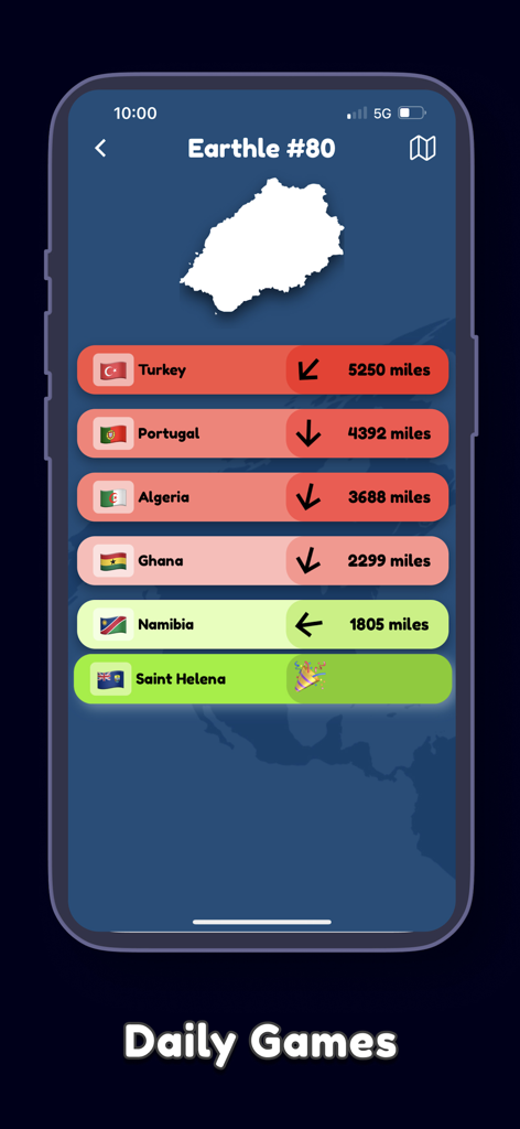 A smartphone screen displaying a geography puzzle where players guess a mystery country shape using distance and direction clues