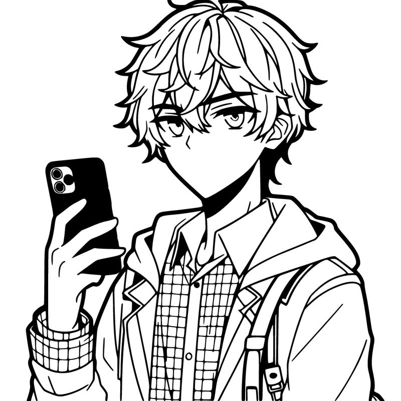 male anime character holding phone