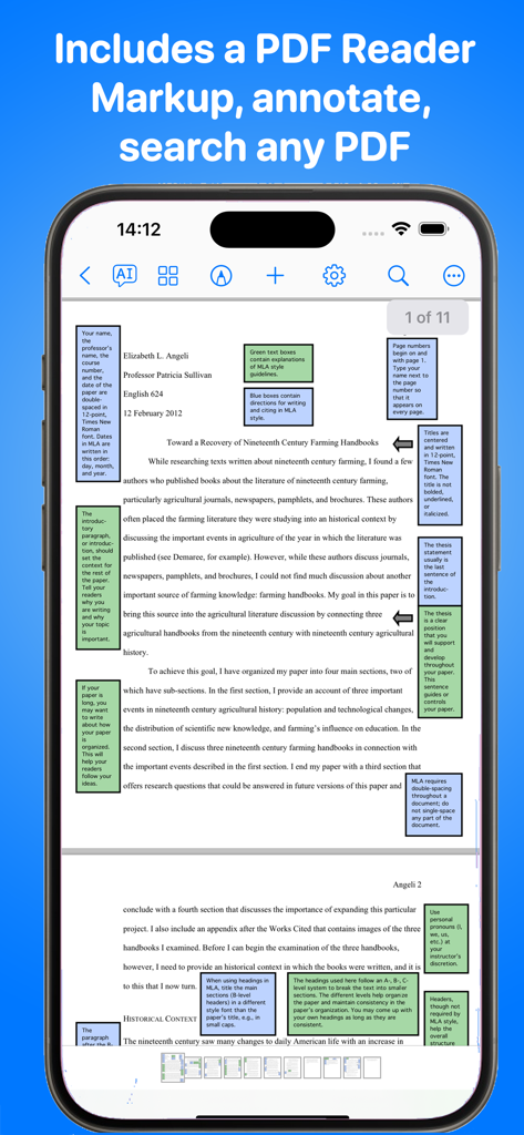 TextEdit - Text Editor - TextEdit plus app interface showing a PDF document with colorful margin notes and academic annotations on an iPhone screen