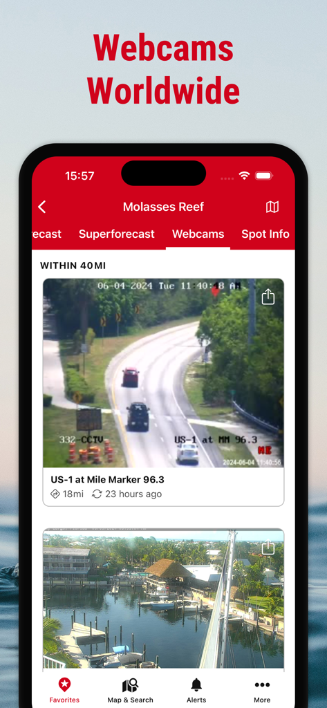 Windfinder: Wind & Weather map - Windfinder app showing real-time webcams of coastal roads and marinas for weather validation.