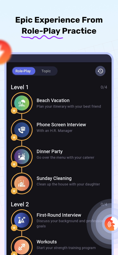 IELTS Speaking Assistant App - IELTS Speaking Assistant app interface showing role-play practice levels and scenarios for english speaking preparation