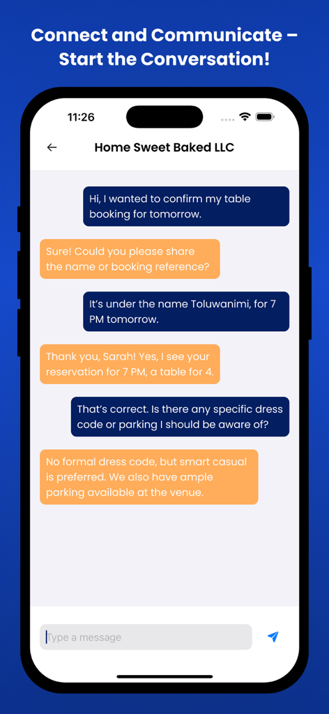 OneStop: For Every Event - Screenshot della funzione di chat in-app dell'app OneStop che mostra una conversazione tra un utente e un fornitore di eventi sui dettagli della prenotazione.