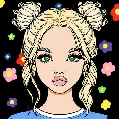 realistic girl with two buns in hair and lips