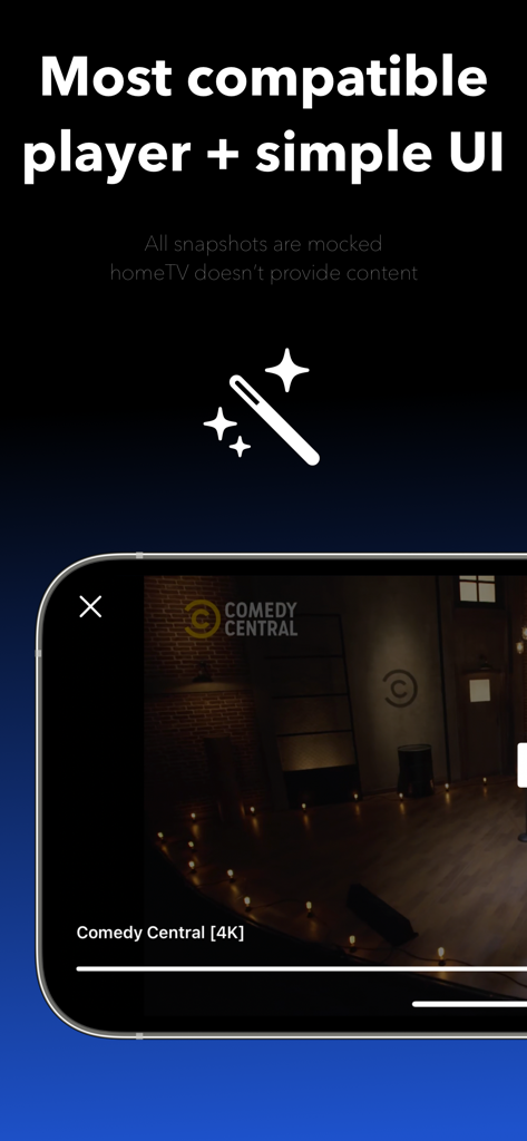 Interfaz de la aplicación homeTV IPTV Player en un iPhone mostrando una transmisión de video 4K y una interfaz de usuario simple