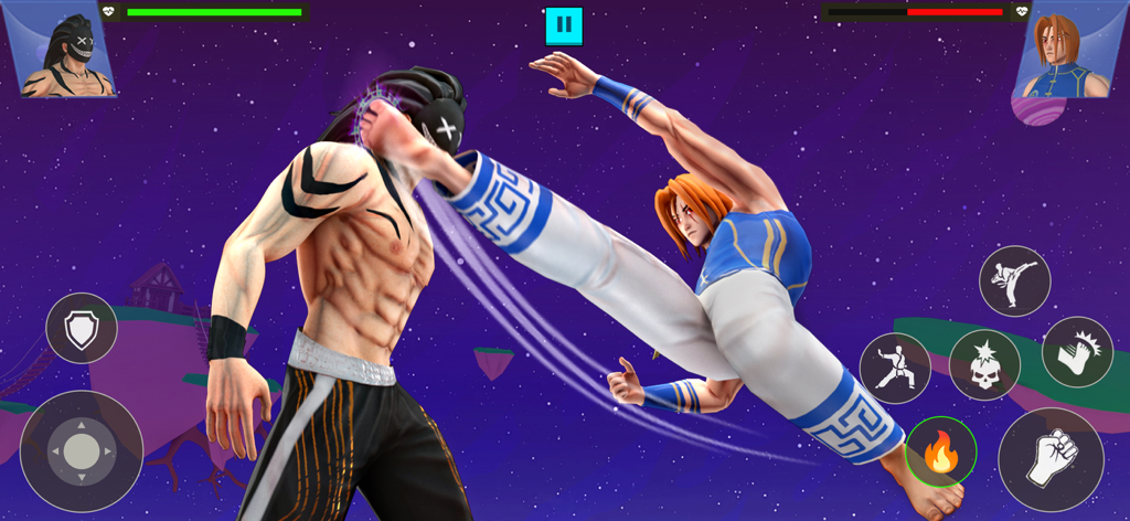 Karate Kings : Anime Fighting - 3D stylized anime characters in a high kick combat scene within a space arena