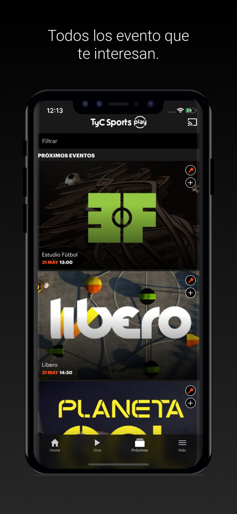Interfaccia dell'app TyC Sports Play che mostra un elenco di programmi sportivi argentini imminenti come Estudio Futbol e Libero