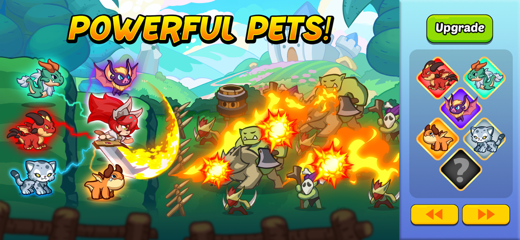 Kingdom Defender game screen showing a hero with powerful pets and a pet upgrade menu during a battle