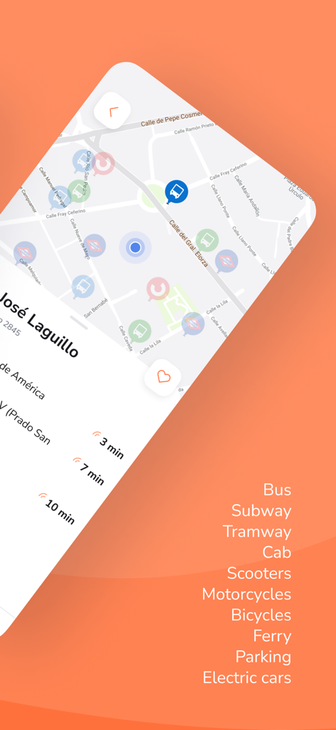 버스, 지하철 및 공유 모빌리티 옵션 아이콘이 있는 도시 대중교통 지도가 표시된 Meep 모바일 앱 인터페이스