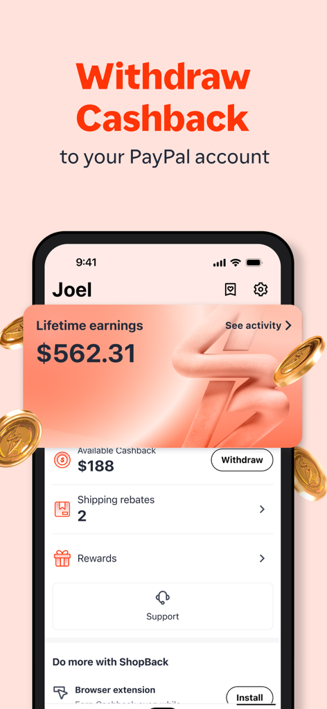 ShopBack app dashboard showing lifetime earnings and PayPal withdrawal option